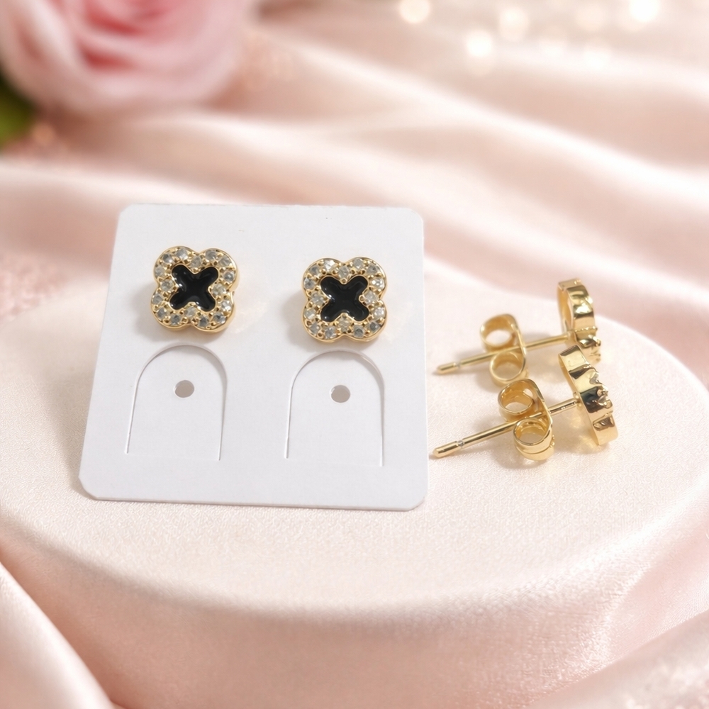Gold Clover Stud Earrings with Black Center - Women's Fashion Jewelry
